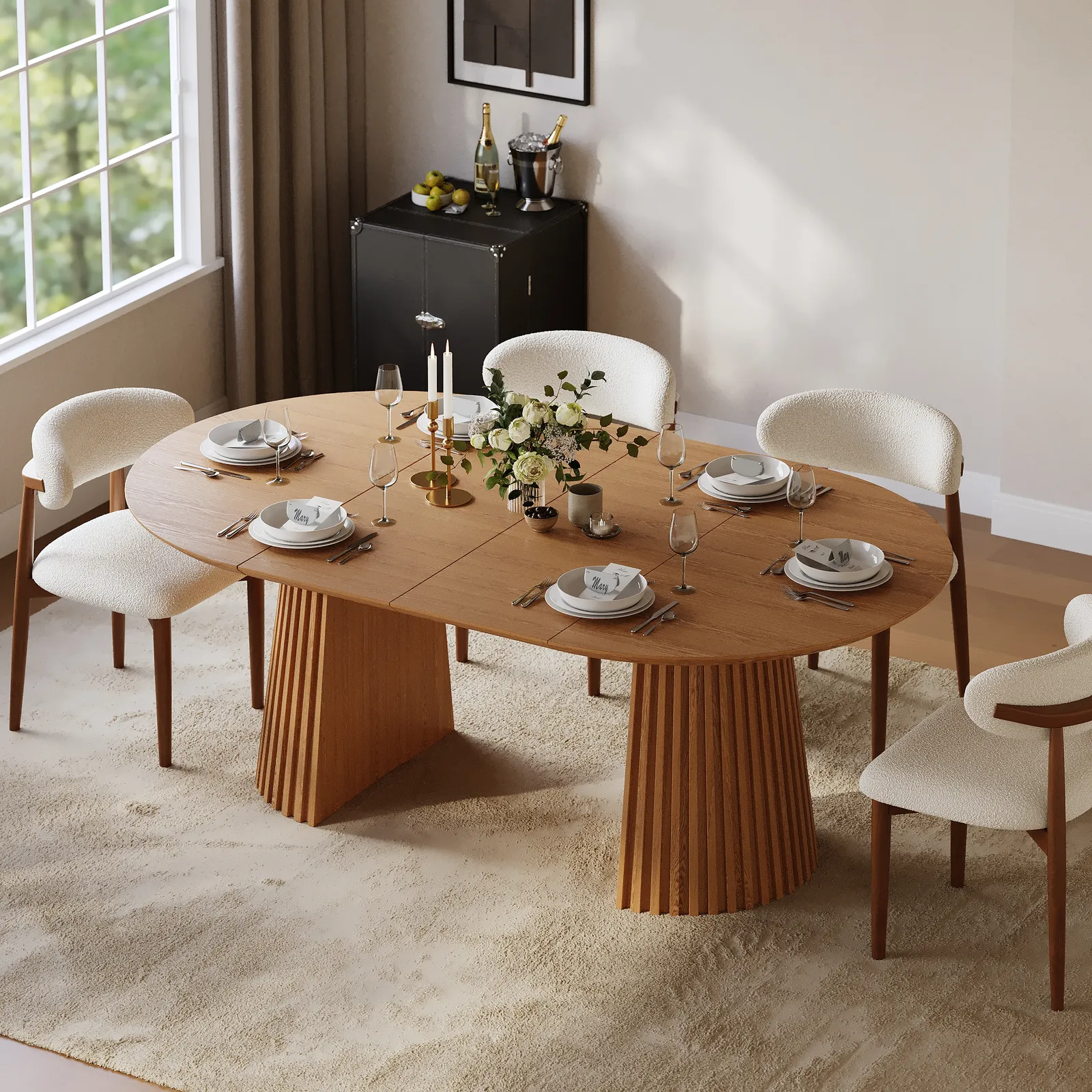 120 – 200 cm Solid Wood Extendable Dining Table with Fluted Base