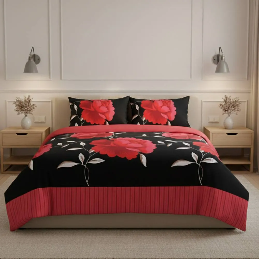 Snug City Reversible Floral Duvet Set Elegant Flower Stripe Pattern Bedding in Red
