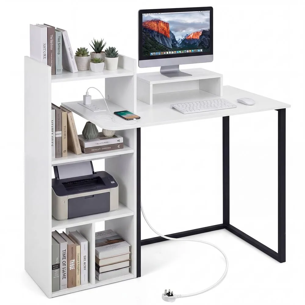 Costway 110CM Computer Desk Study Desk w/ Monitor Stand & Charging Station in White 3