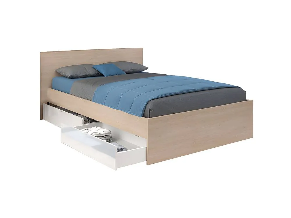 Vente-unique Bed With 2 Drawers 140 X 190 Cm - Colours: Natural & Shiny White + in Light Oak 4