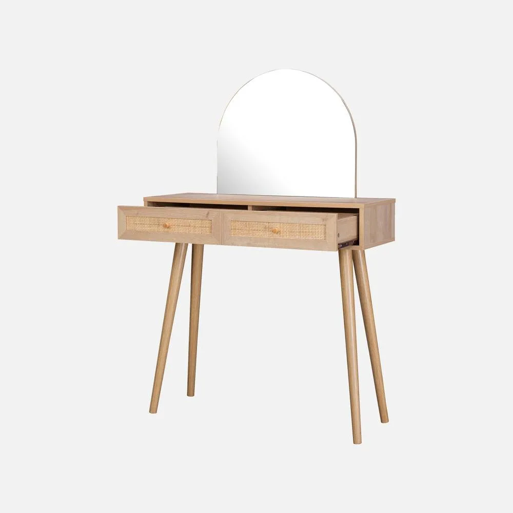 sweeek 2-drawers Dressing Table With Rounded Mirror in Light Brown 2