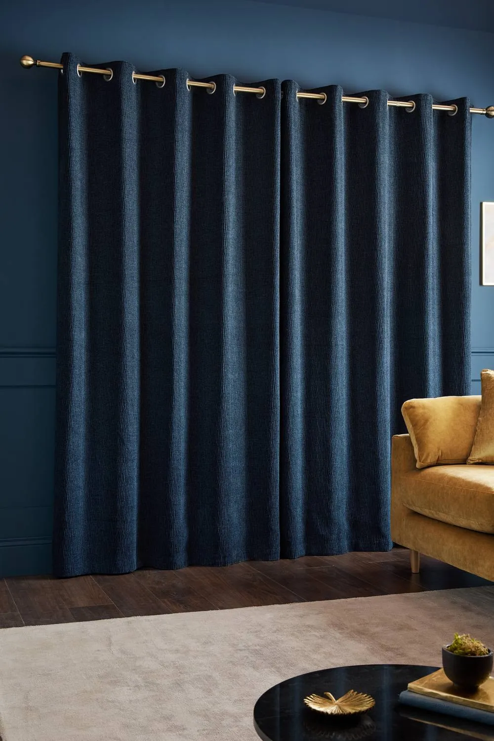 Catherine Lansfield 'Crinkle Chenille' Lined Eyelet Curtains in Blue 2