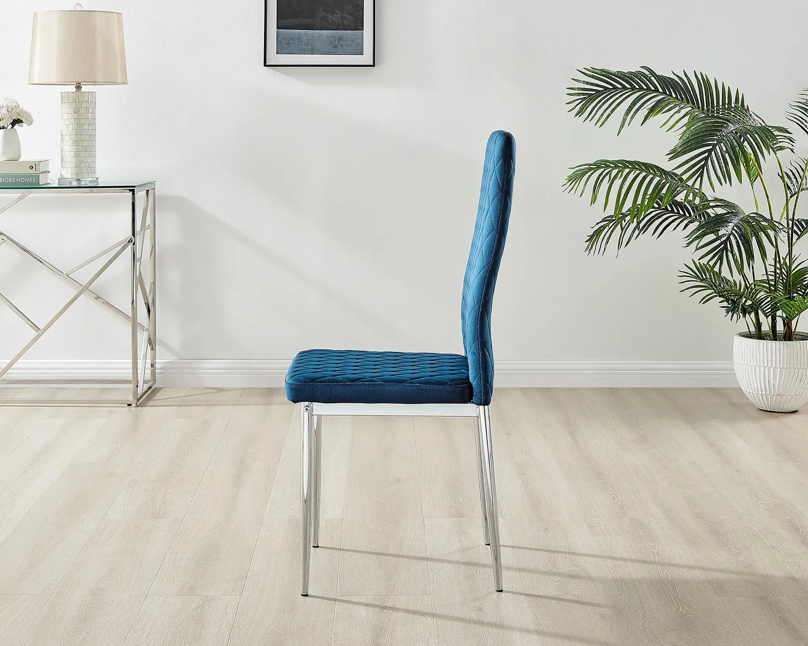 FurnitureboxUK Set of 4 Milan High Back Soft Touch Diamond Pattern Velvet Dining Chairs With Silver Chrome Metal Legs in Navy 5