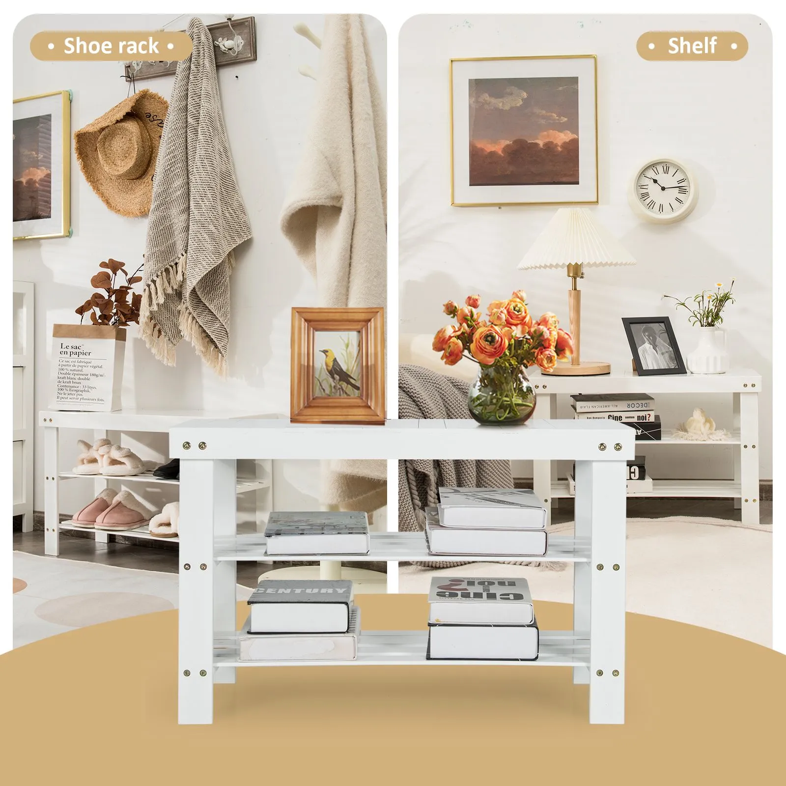 Costway 3-Tier Bamboo Shoe Bench Shoe Rack Shelf Organizer Entryway Bench Stand Display in White 3