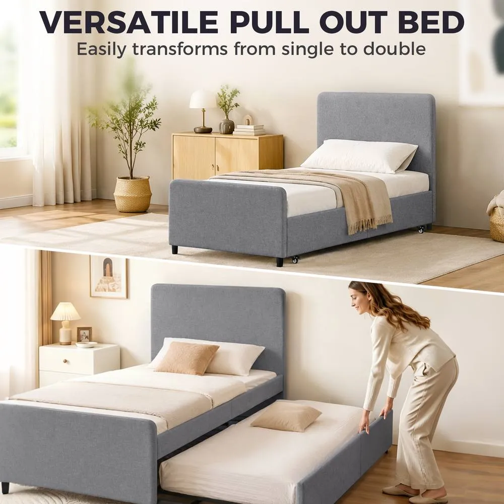 HOMCOM 90 x 190 cm Upholstered Single Bed, Pull Out Trundle Bed in Dark Grey 4