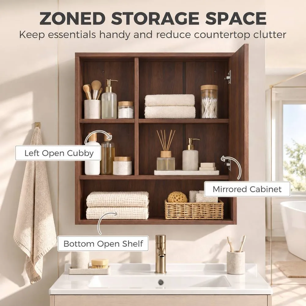HOMCOM Bathroom Mirror Cabinet, Wall-Mounted, Adjustable Shelves in Walnut 5