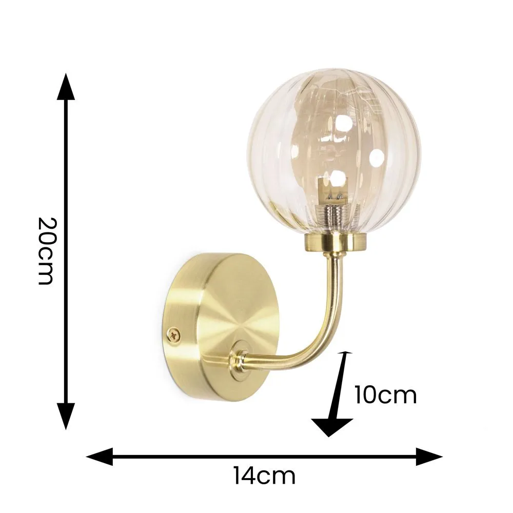 ValueLights Chessy Pair of Ribbed Glass Globe Shade Gold Stem Wall Lights & LED Bulbs 6