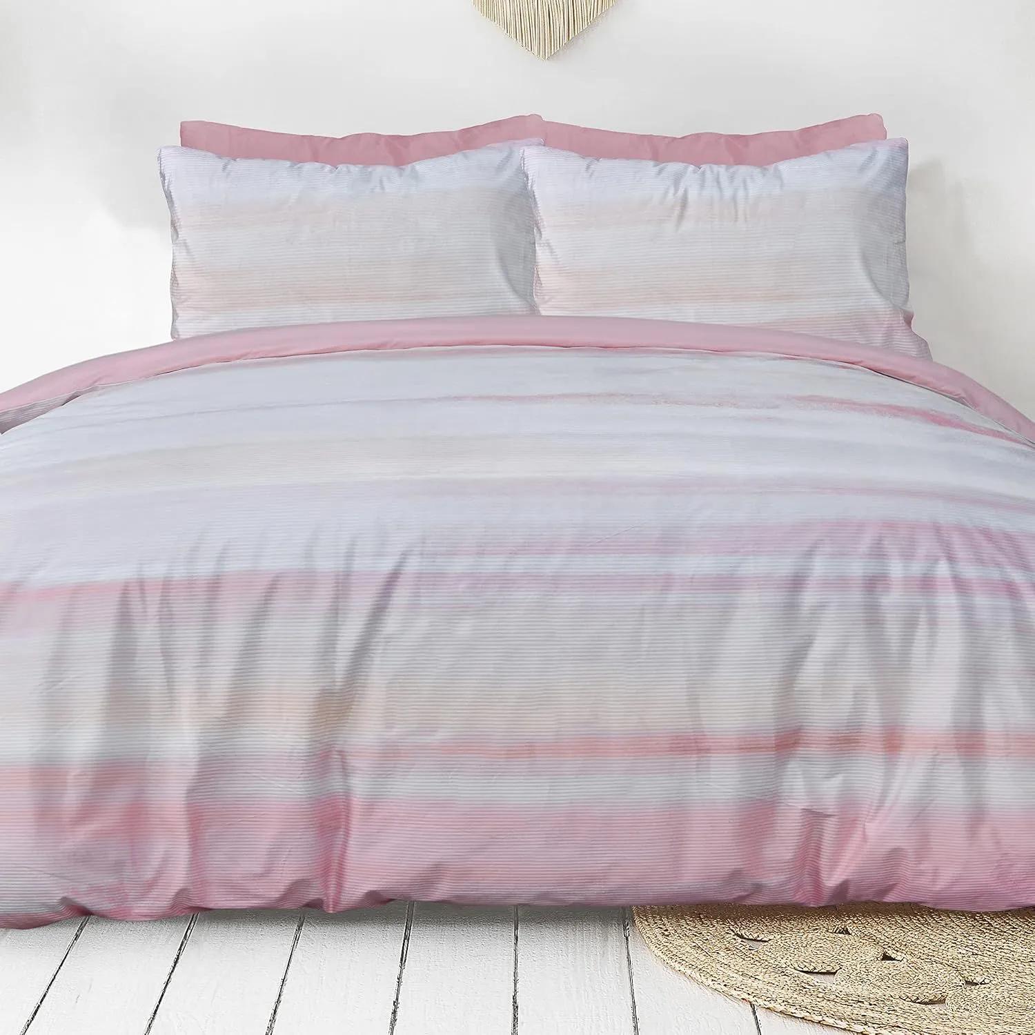 Smart Living Luxury Hotel Quality Reversible Ribbed Velvet Duvet Cover with Pillowcases in Pink