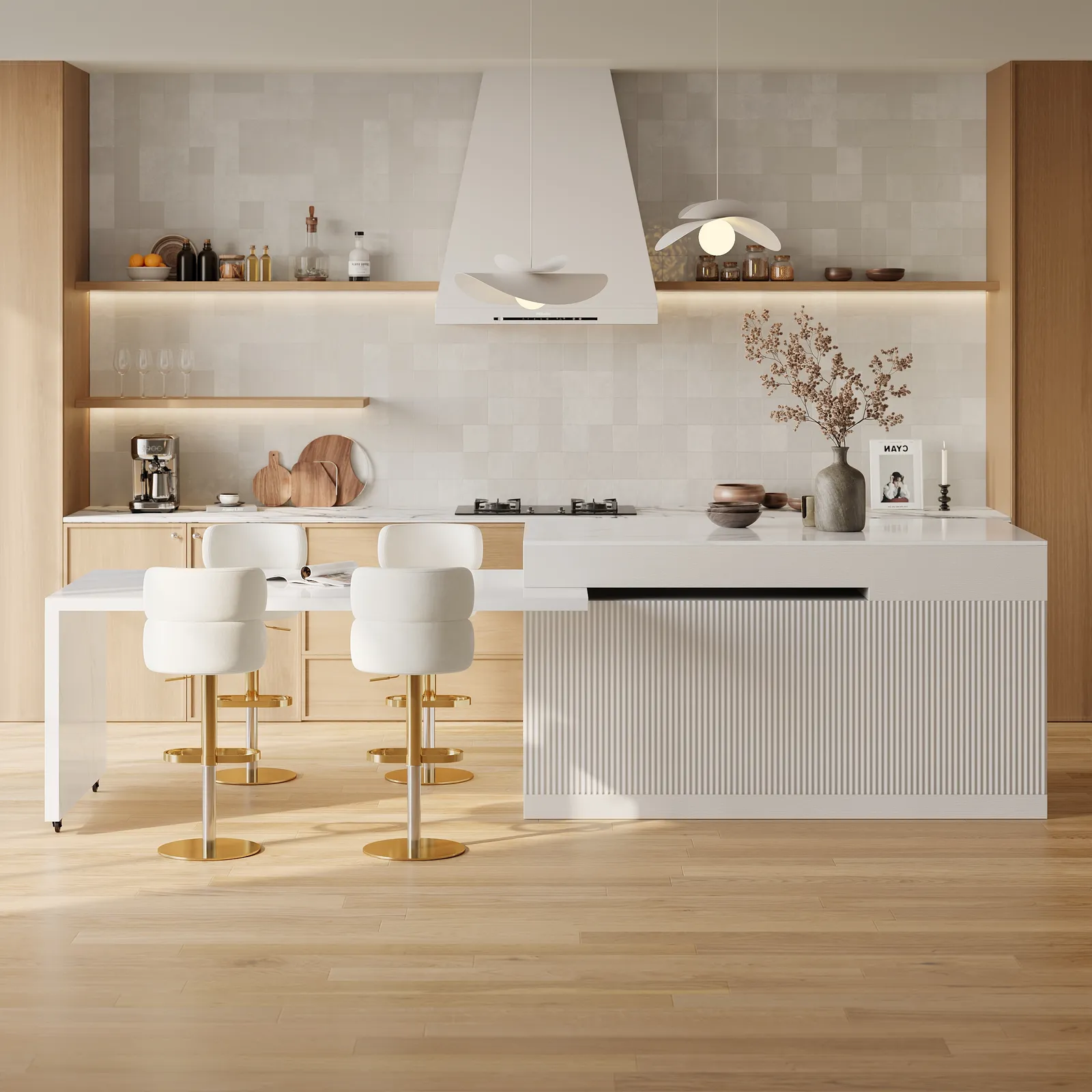 205 - 300 cm Modern Extendable White Sintered Stone Kitchen Island with Doors and Drawers