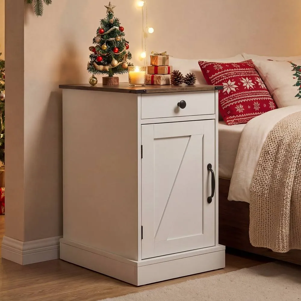 Costway Farmhouse Bedside Table in White 3