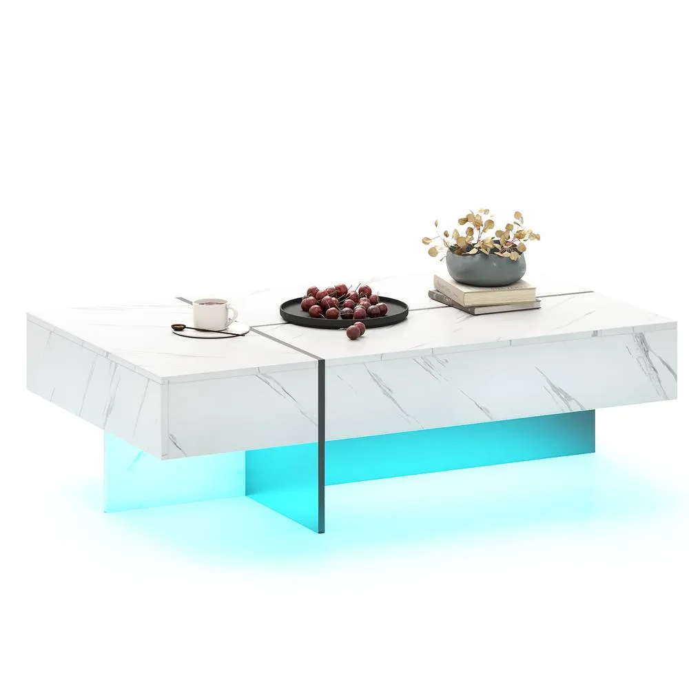 Costway Modern LED Coffee Table Rectangular Cocktail Center Table w/ 3 Drawers in White