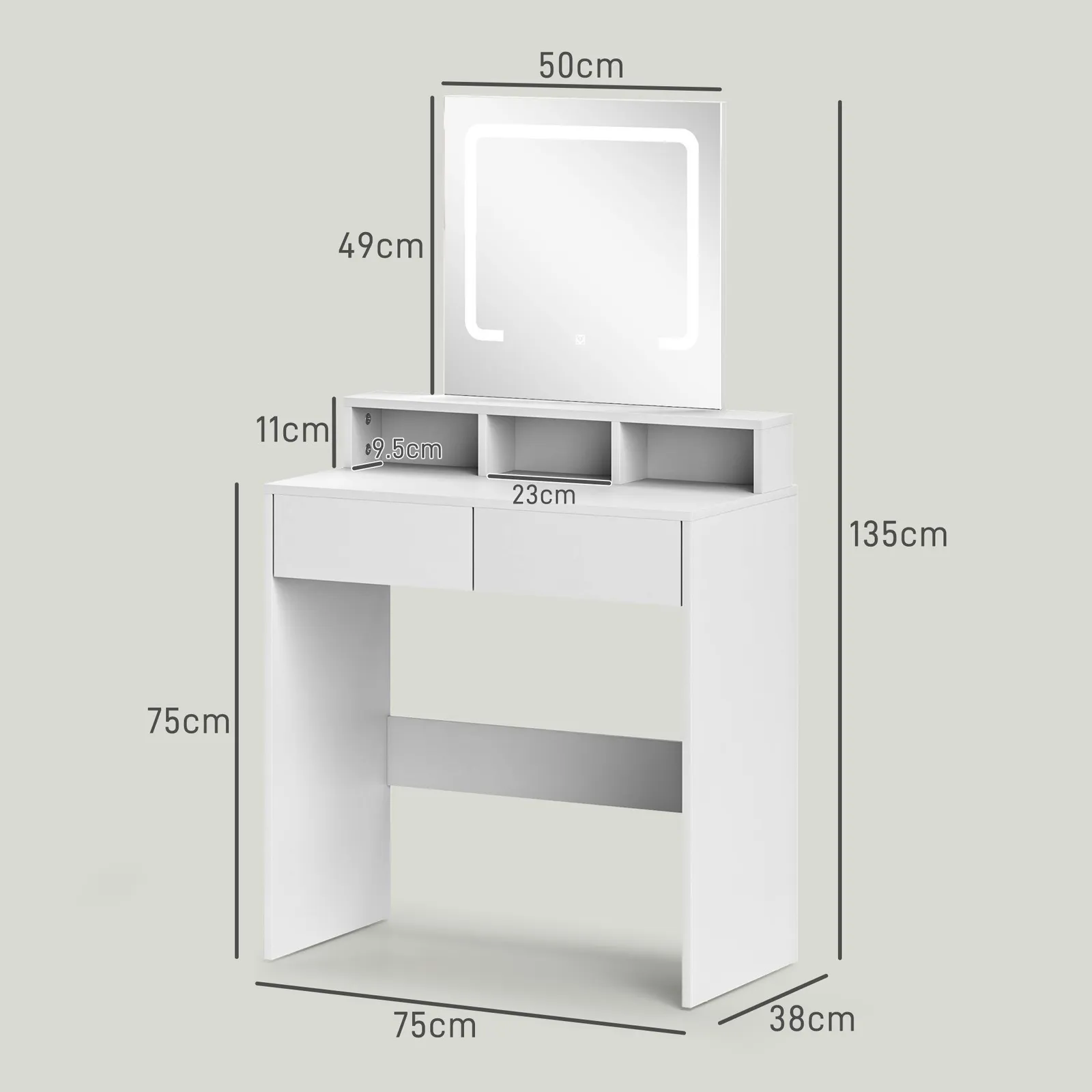 HOMCOM Dressing Table with Mirror, LED Lights, Drawers, for Bedroom, White 3