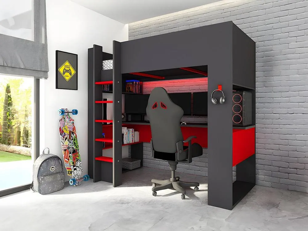 Vente-unique Gaming High Sleeper Bed With Integrated Desk & Storage - 90 X 200 Cm in Grey 3