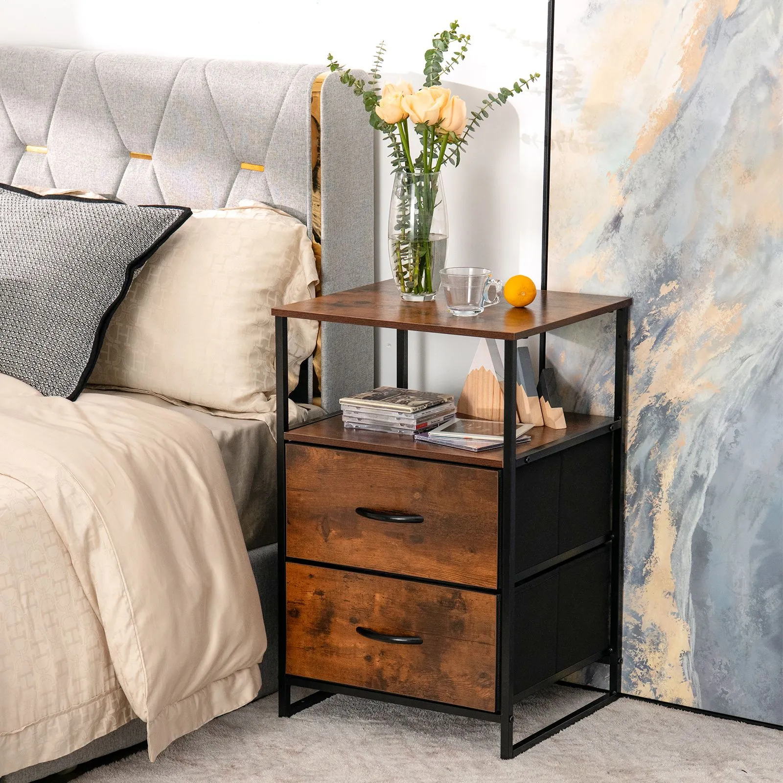 Costway Industrial 2-Drawer Storage Cabinet Dresser Organizer Removable Fabric Drawers in Brown 3