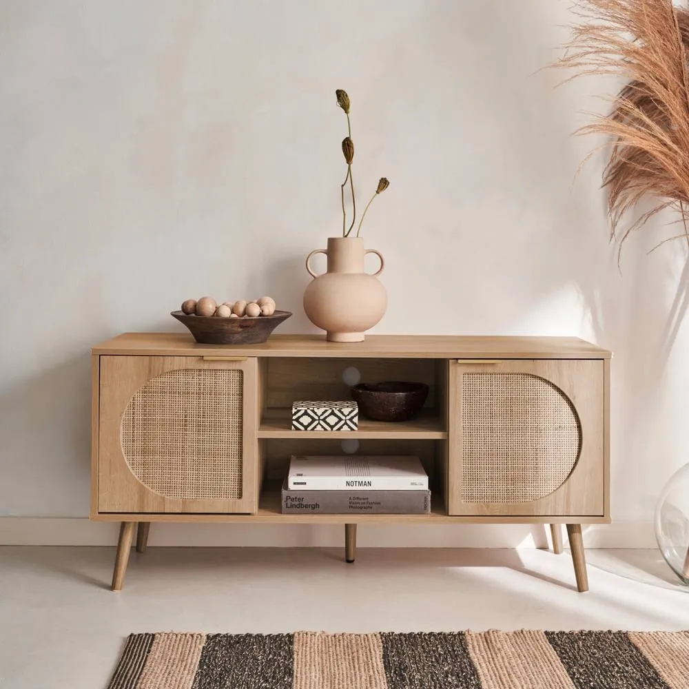 sweeek 120cm Tv Unit Woodenn Effect Rounded Cane Rattan 2 Doors in Light Brown 6