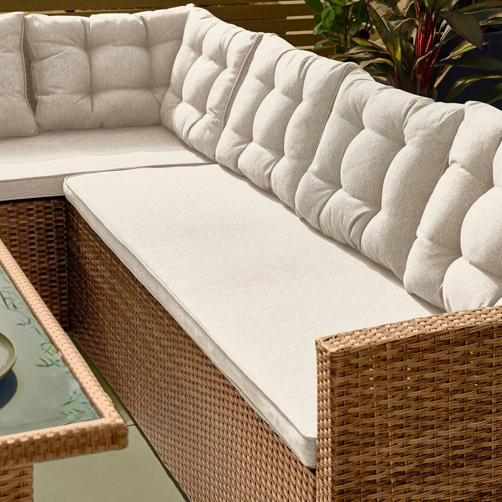 FurnitureboxUK Marbella Textured Grey Rattan Garden Dining Set Grey Cushions 9 Seat Outdoor Sofa, Glass Table Top 145x80cm in Beige 4