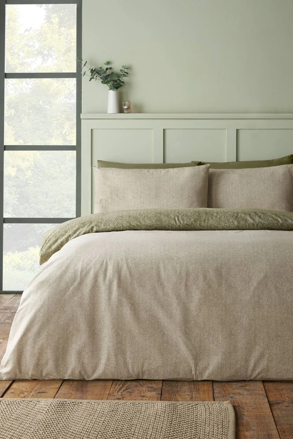 Catherine Lansfield Brushed Herringbone Cotton Reversible Duvet Cover Set in Green 2