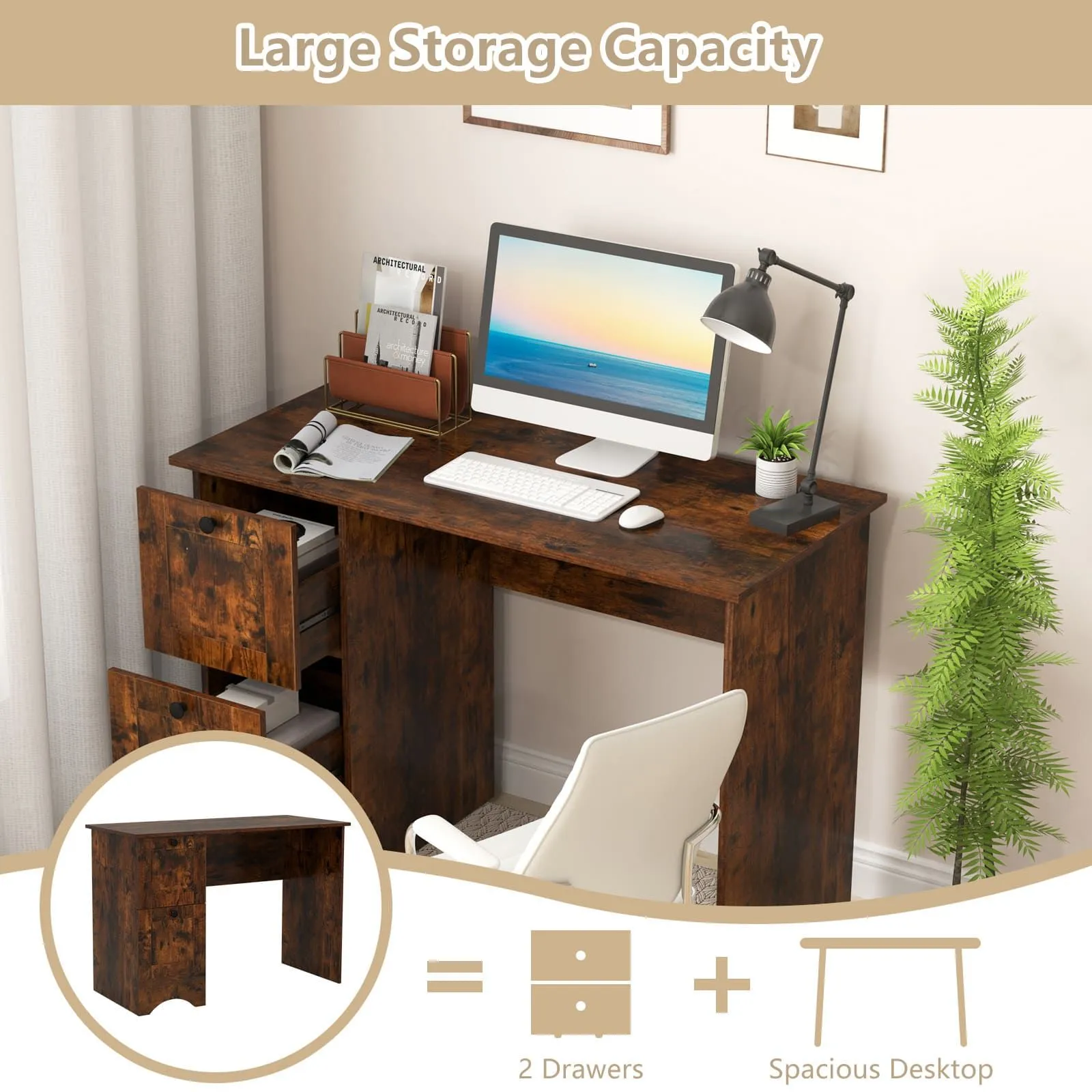 Costway Computer Desk Home Office Writing Study Desk with 2 Drawers-Brown in Brown 3
