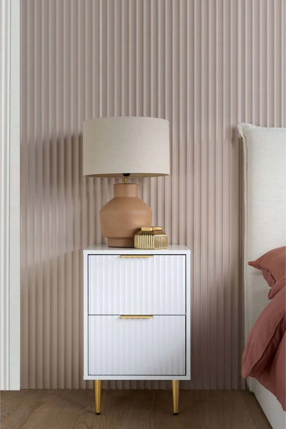 Birlea Zaza White Bedside Cabinet 2 Drawer Fluted BedsideTable Chest
