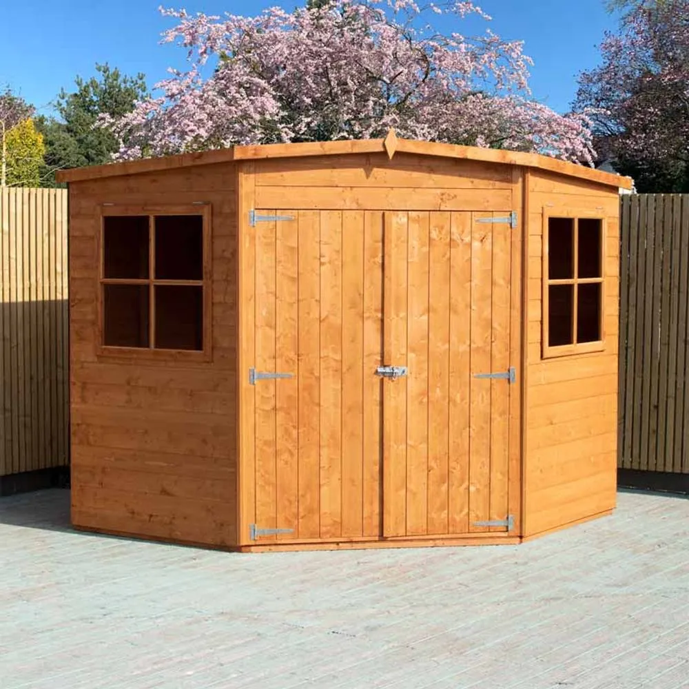 Shires Corner Shed Double Doors Tongue & Groove Garden Shed 8x8 ft in Brown