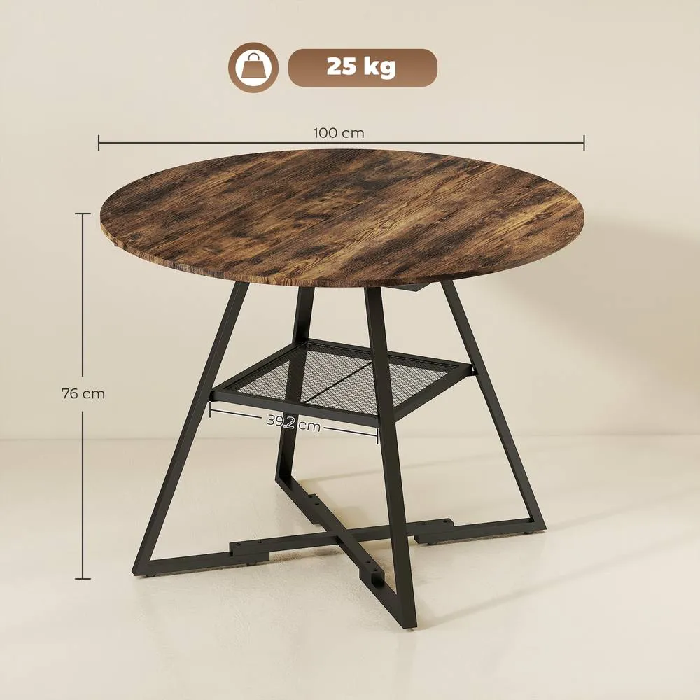 HOMCOM Round Dining Table for 4, 100 cm Kitchen Table w/ Shelf, Rustic Brown 3