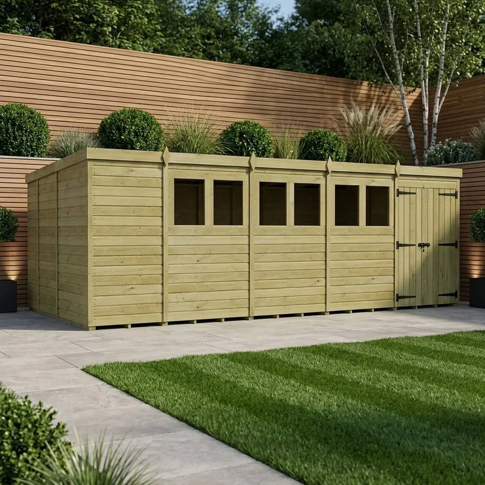 Buttercup Farm 19ft x 9ft Pent Garden Shed Double Door With Windows - Timber in Brown 2