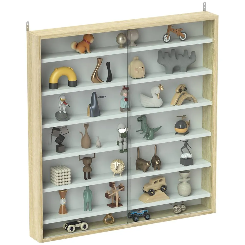 HOMCOM 7-Tier Wall Display Cabinet w/ Adjustable Shelves Glass Doors in Light Brown 2