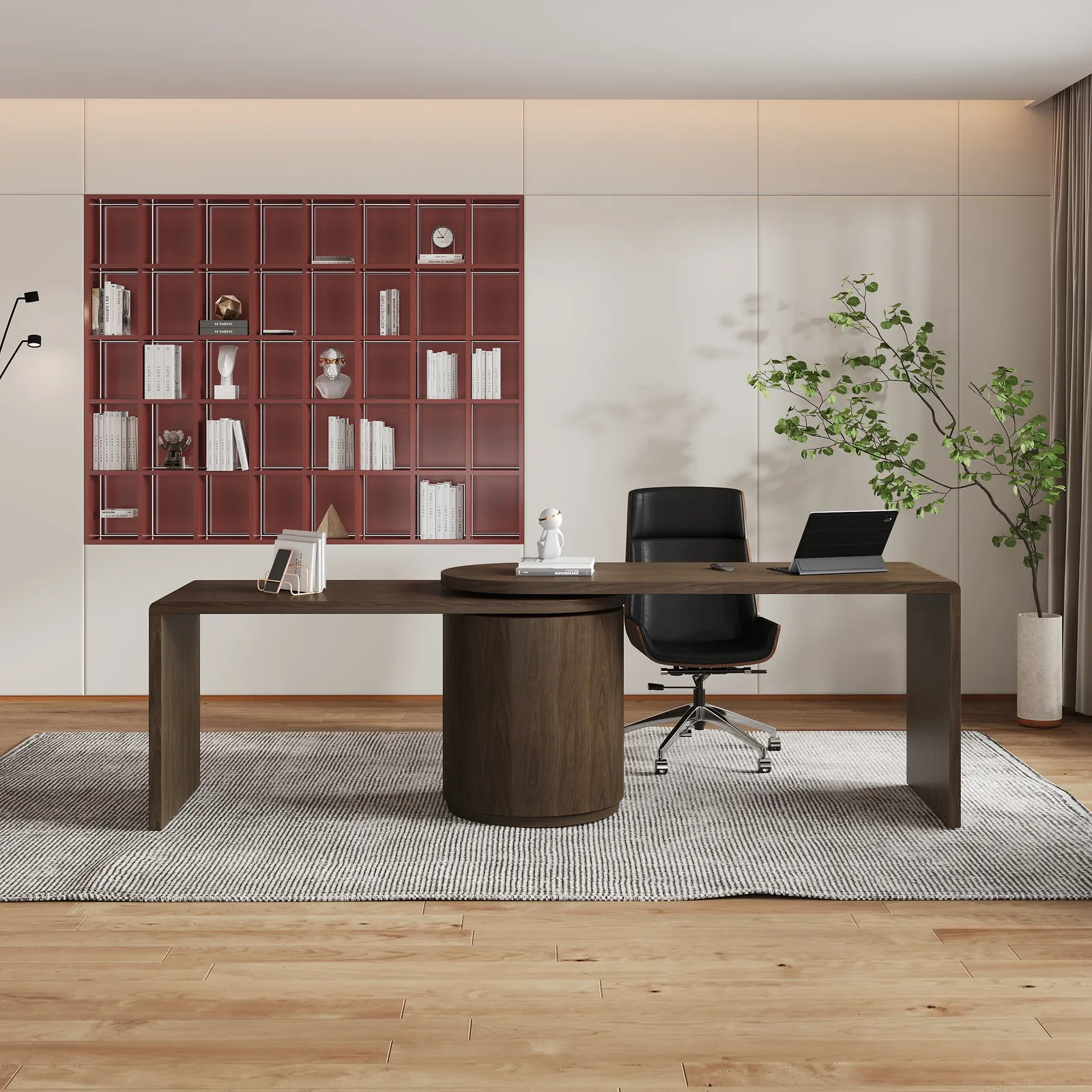 Modern 152 cm L-Shaped Walnut Office Desk with Drawers, Rotating Design