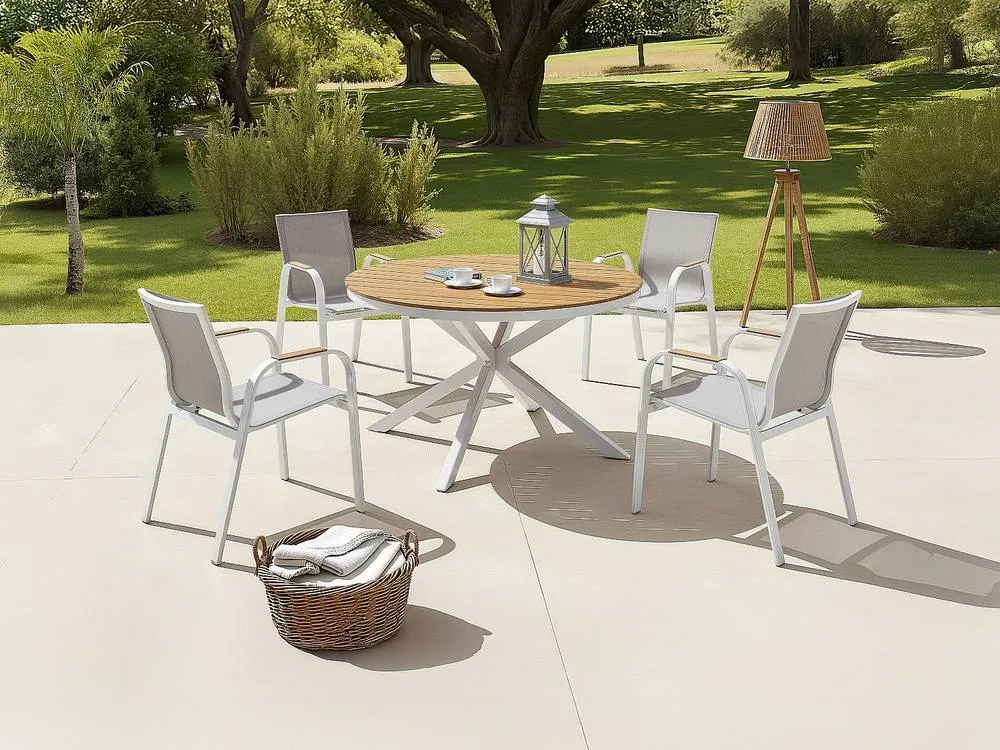 Vente-unique Round Aluminium Garden Table D.125 Cm - White & Light Natural 4