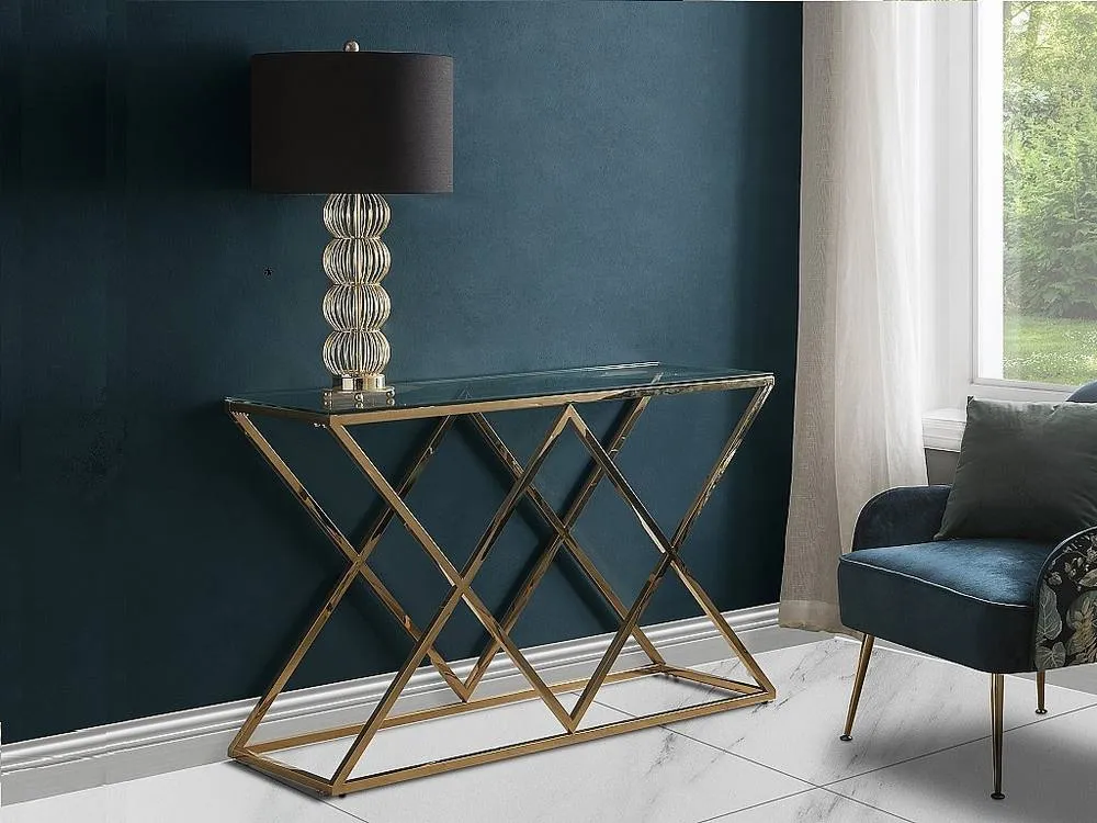 Vente-unique Tempered Glass & Steel Console - Golden - CHARLOTTE in Clear
