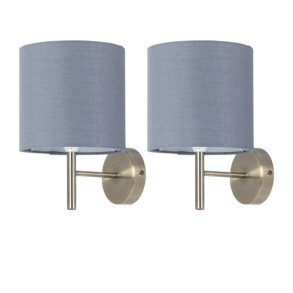 First Choice Lighting Set of 2 Brea - Antique Brass Wall Lights with Grey Cotton Shades in Gold