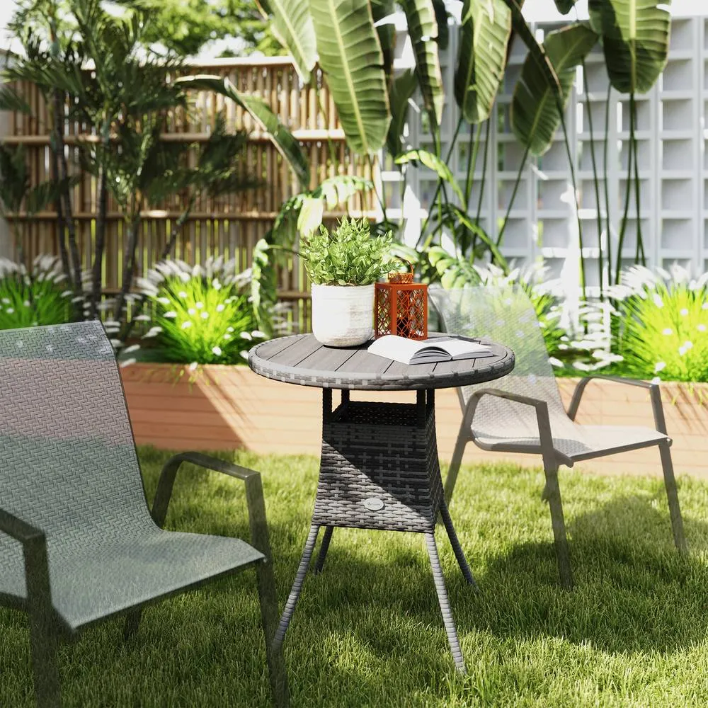 OUTSUNNY 70cm Outdoor PE Rattan Dining Table with Wood-plastic Composite Top, Grey