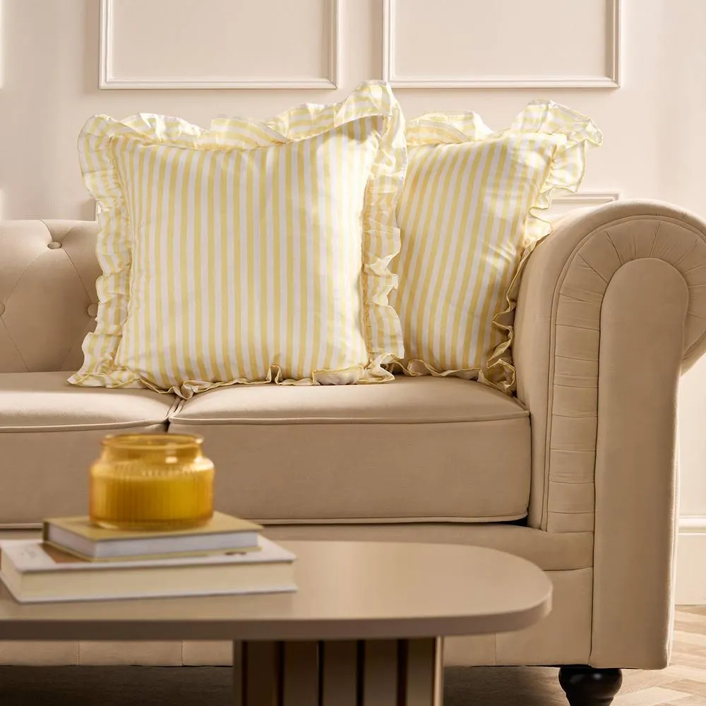 OHS 2 x Bengal Stripe Faux Linen Frill Cushion Covers in Lemon