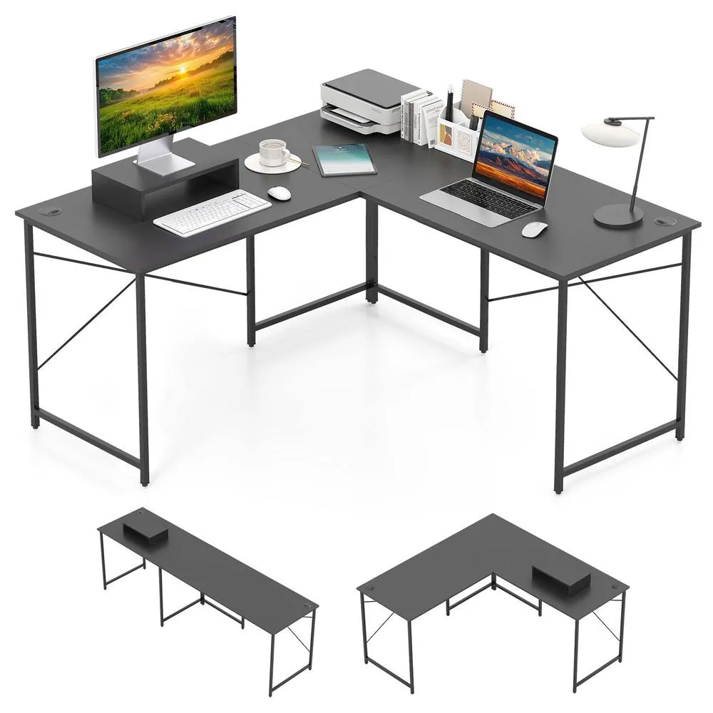 Costway L-Shaped Corner Computer Desk Reversible Study Writing Desk Workstation Home Office Laptop Table Grey 2
