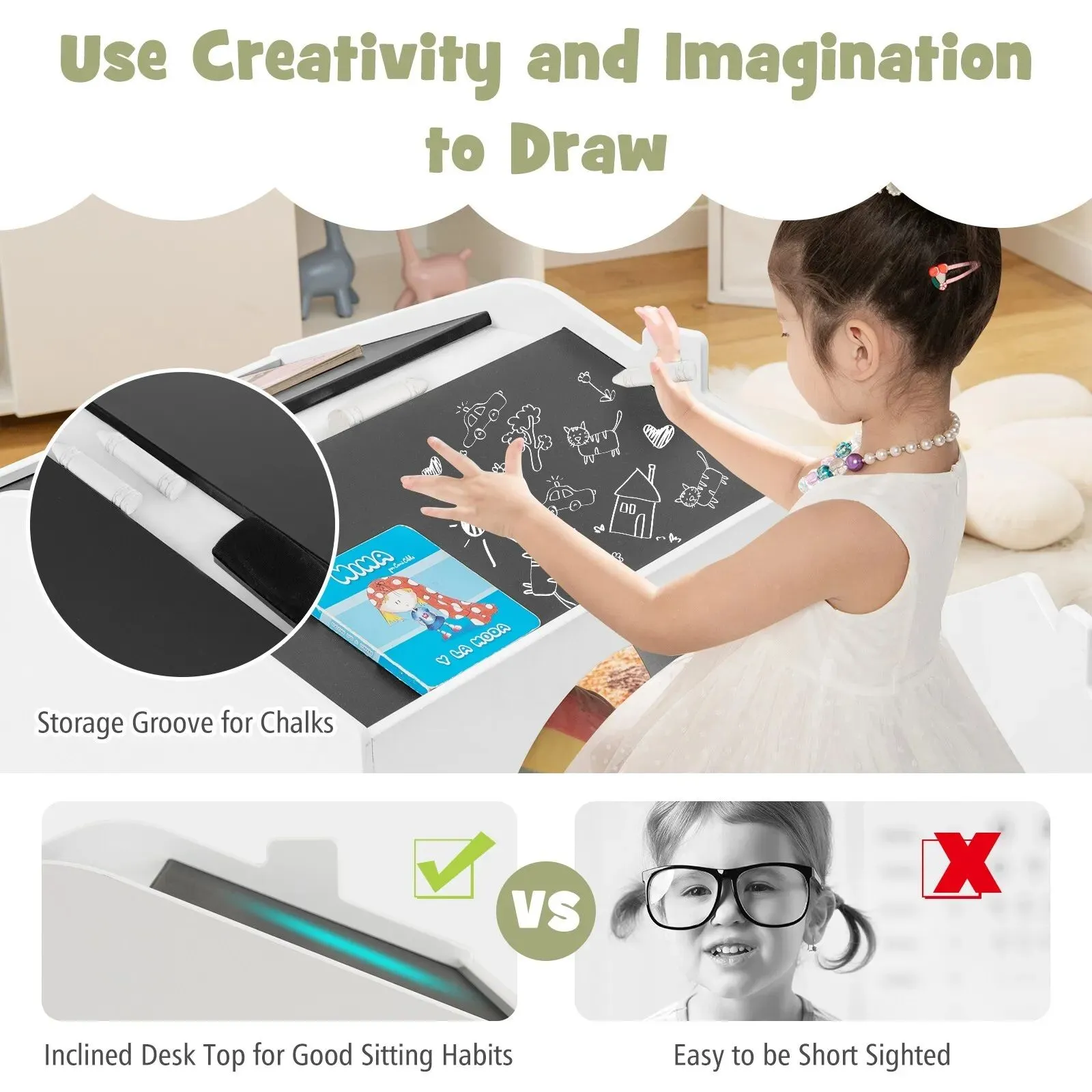 Costway Table & Chair Set Children Wooden Children Activity Desk W/ Chalkboards in White 3