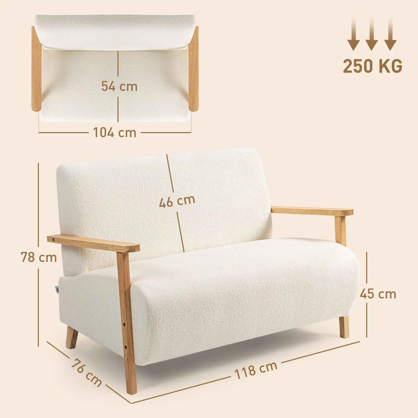 HOMCOM 2 Seater Sofa, Fabric Modern Loveseat for Living Room, Cream 3