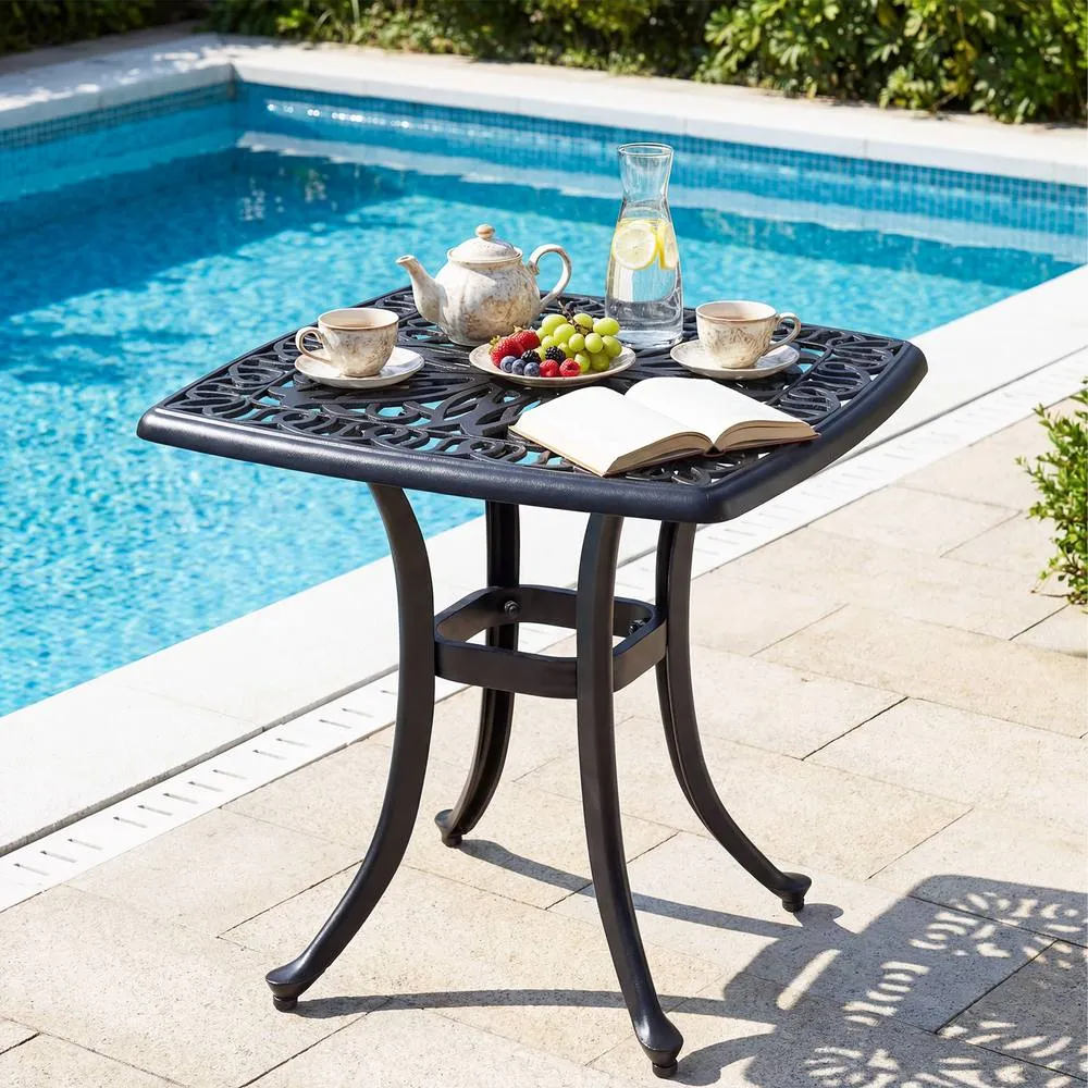 Costway Patio Side Table Outdoor Cast Aluminum Bistro Table w/ Umbrella Hole in Black