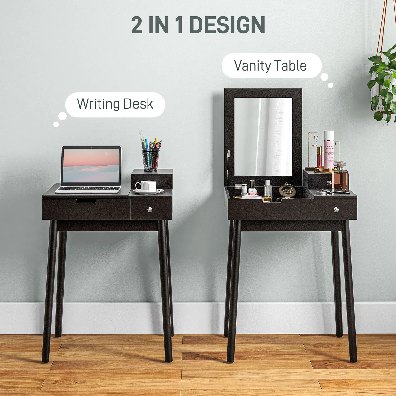 HOMCOM Dressing Table Vanity Desk Flip-up Mirror 2 Drawers in Black 4