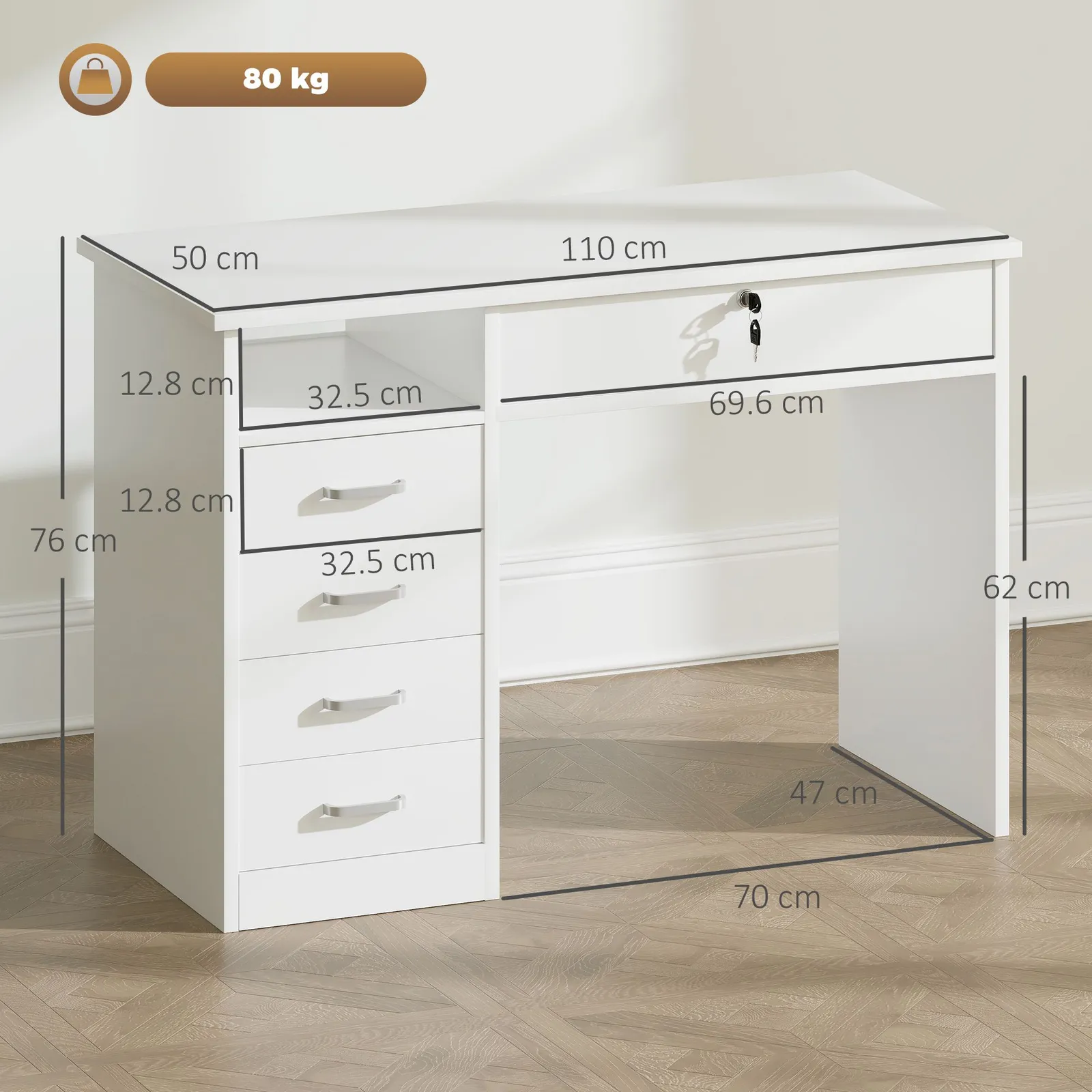 HOMCOM Computer Desk Writing Desk with Five Drawers for Home Office in White 3