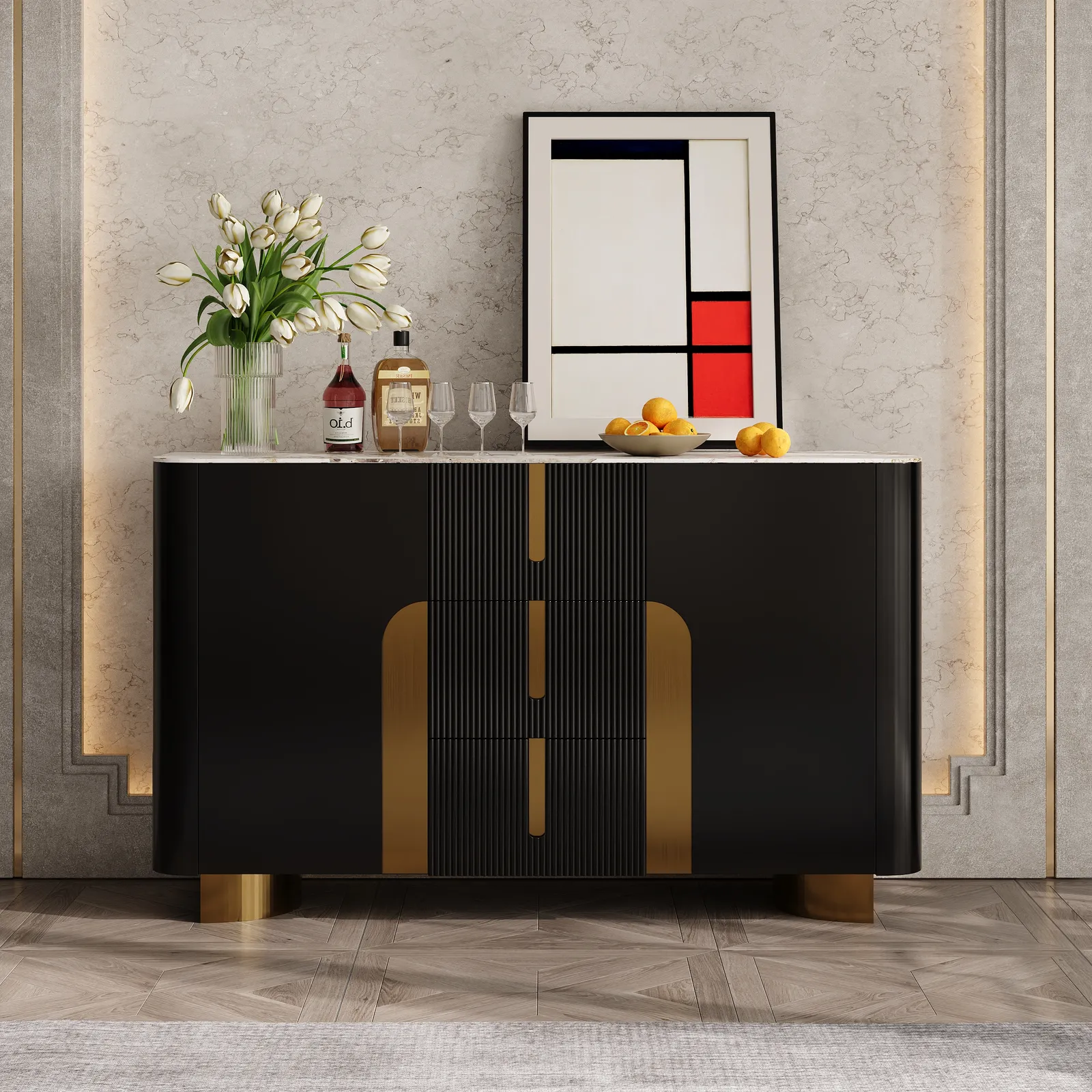 Artis Modern Matt Black 150 cm W Sintered Stone Sideboard 3 Drawers Kitchen Buffet Table