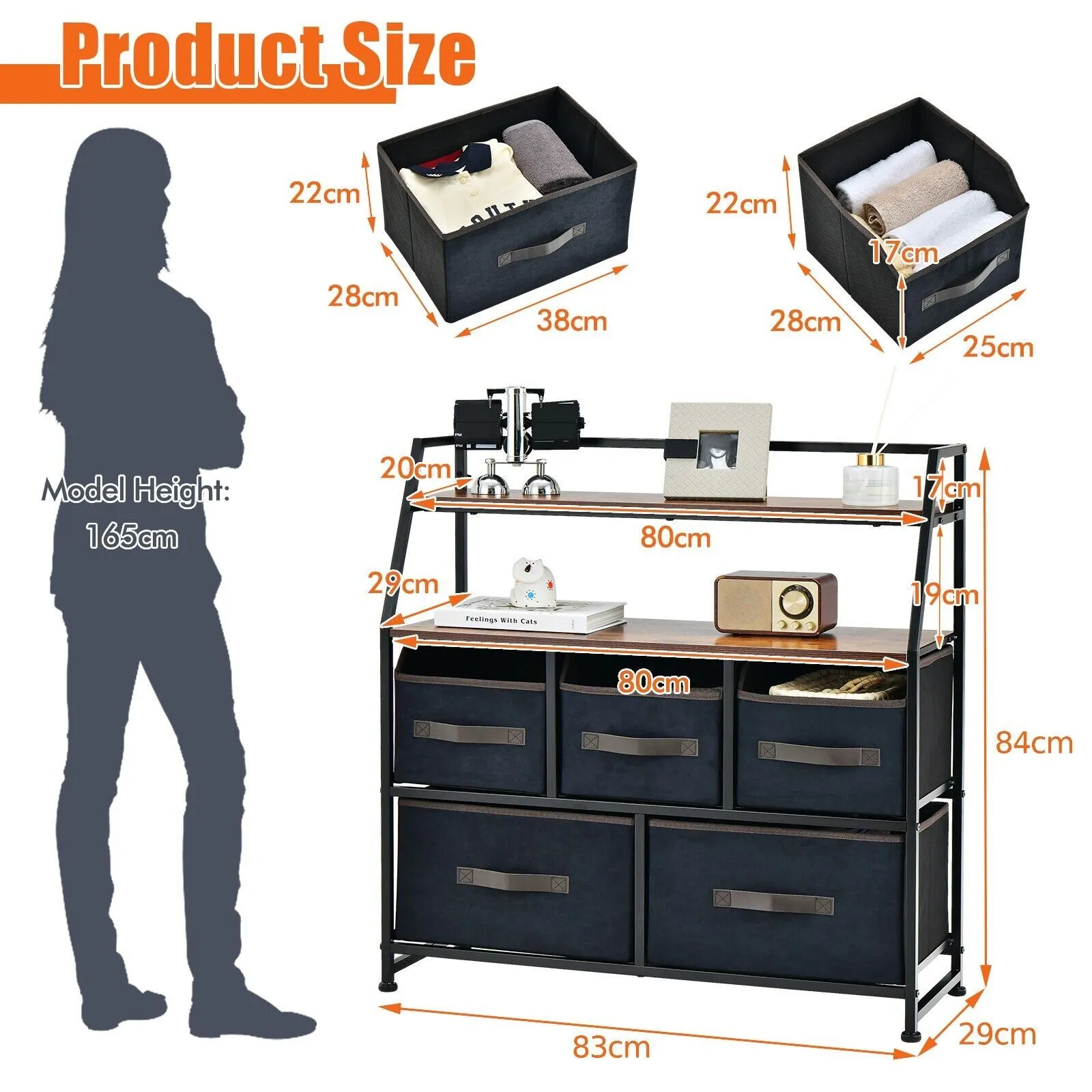 Costway Industrial 5 Drawers Dresser Organizer Fabric Storage Organizer Chest of Drawers in Brown 2