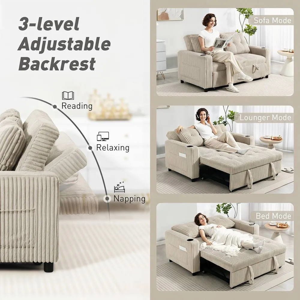 HOMCOM Corduroy Click Clack Sleeper Sofa with Pull Out Design, Cream White 6