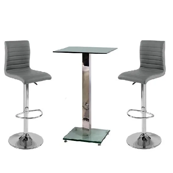 Spice Bar Table In Clear Glass With 2 Grey Ripple Bar Stools