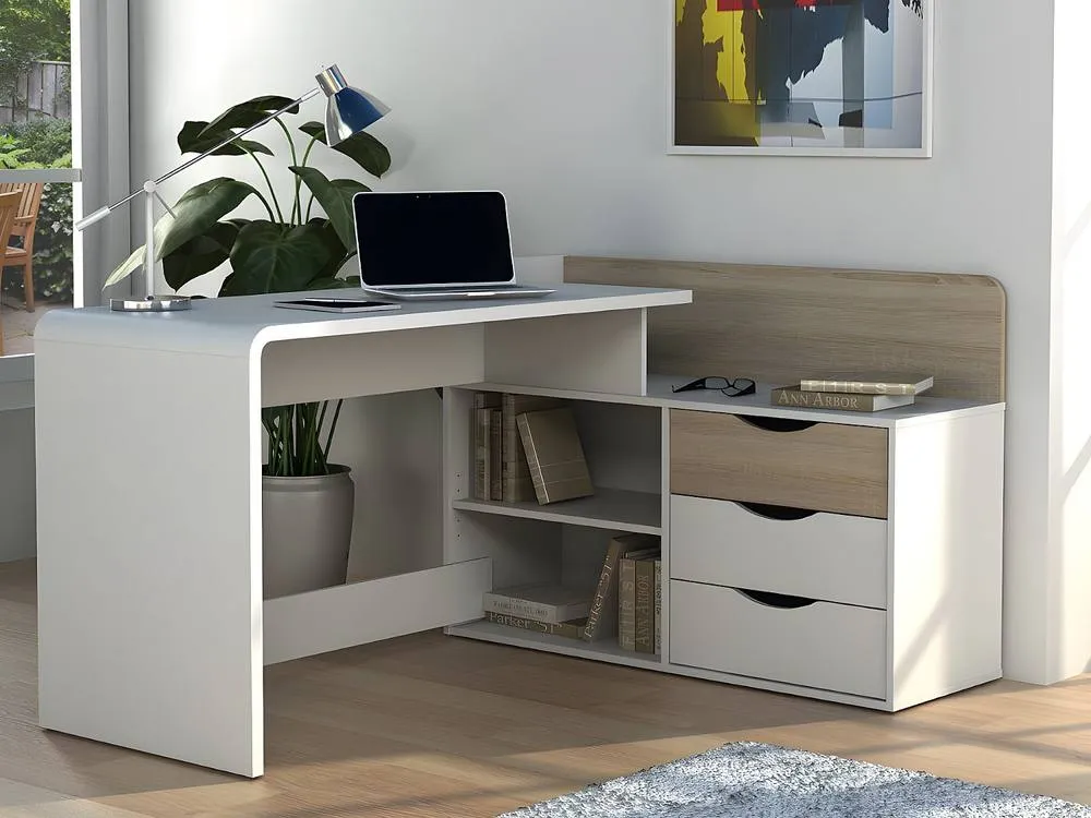 Vente-unique Corner Desk - MDF - 3 Drawers & 2 Shelves - White & Oak - DECLAN II in Light Oak