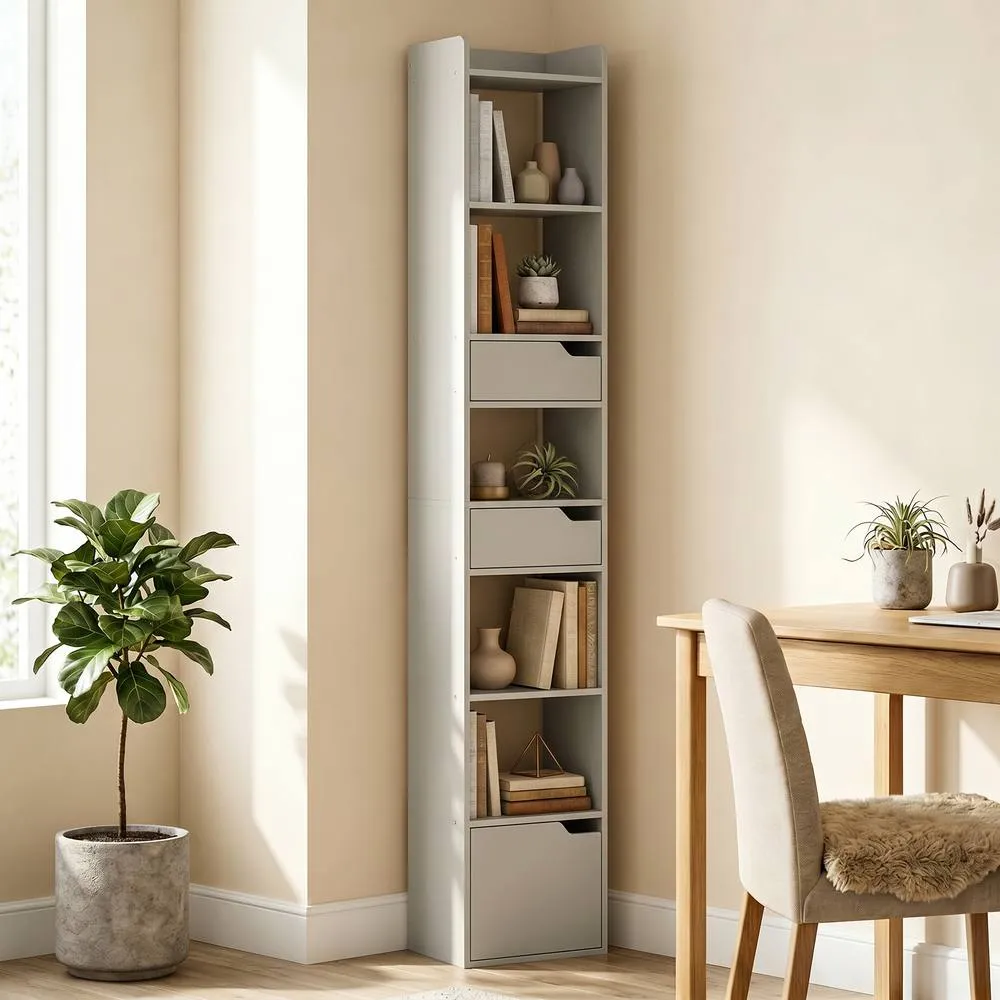 HOMCOM Bookcase Tall Narrow with 5 Tiers Drawers Grey