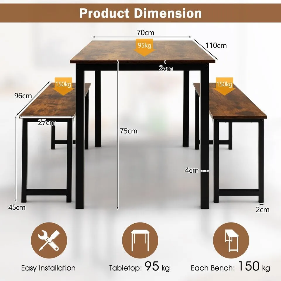 Costway 3 PCS Dining Table Set Space-Saving Kitchen Table Set w/2 Benches in Brown 2