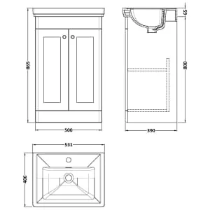 Classique Satin White Floor Standing 2-Door Vanity & Basin 1 Tap Hole - 865 x 530mm 2