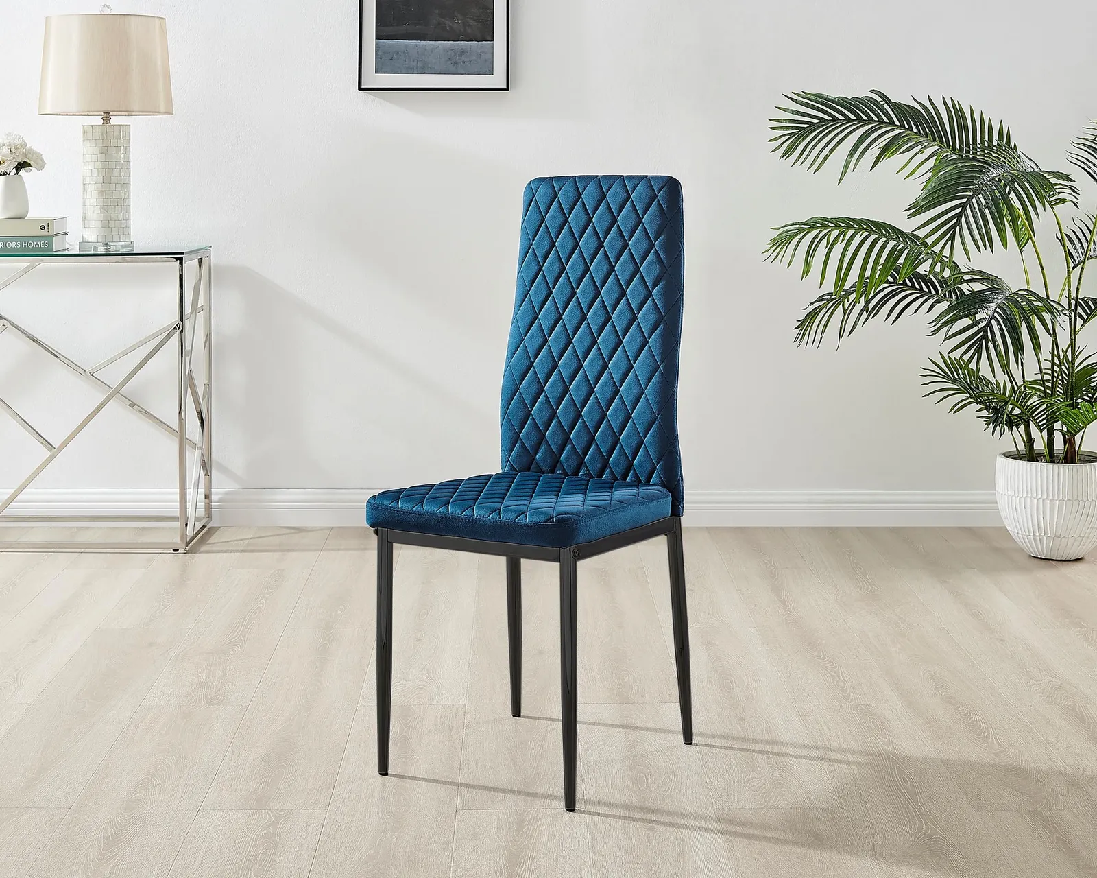 FurnitureboxUK Set of 4 Milan High Back Soft Touch Diamond Pattern Velvet Dining Chairs With Black Powder Coated Metal Legs in Navy 3