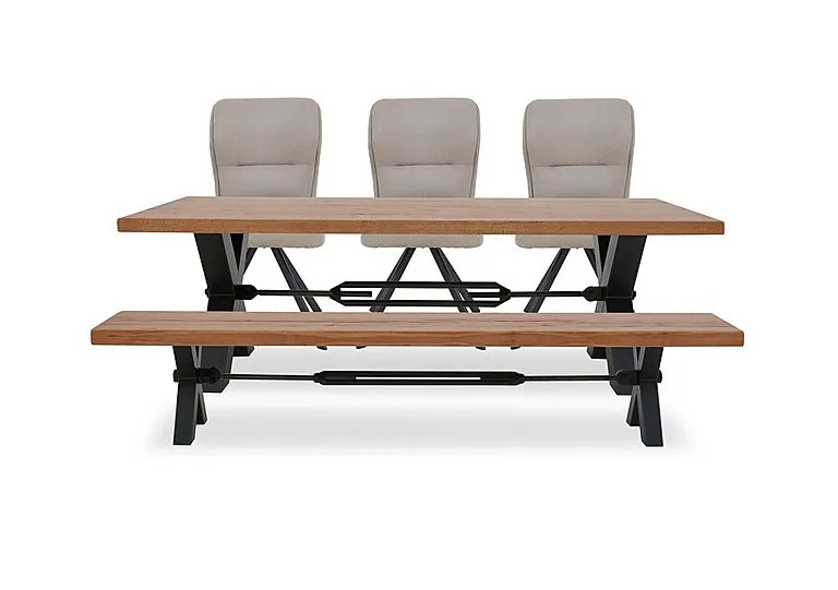 Terra Straight Edge Dining Table with Tension Bolt X-Leg, Bench and 3 Taupe Fabric Swivel Chairs - 220-cm - Storm Wood