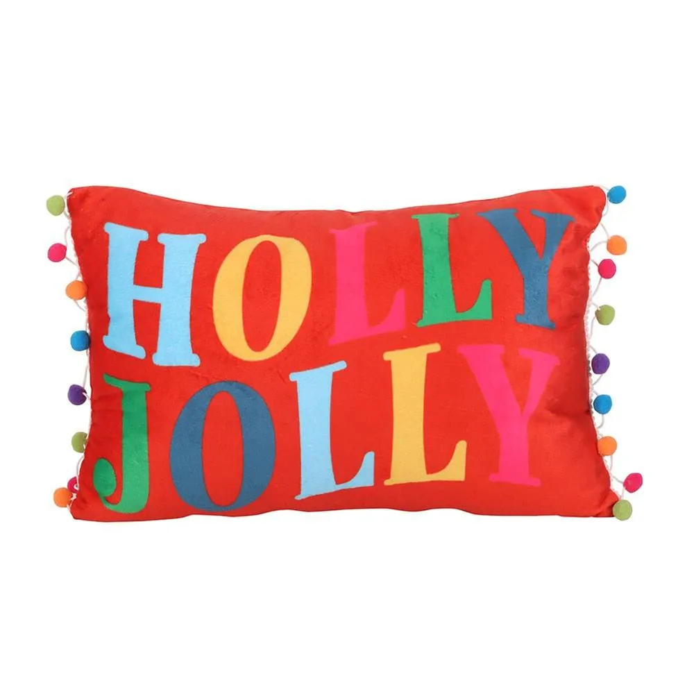 Something Different Holly Jolly Pom Pom Cushion in Red